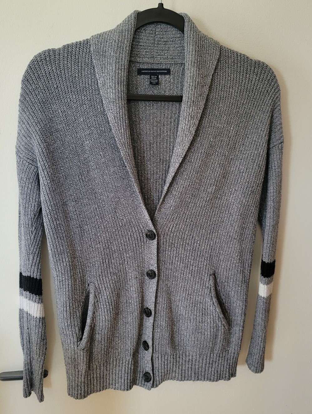American Eagle Outfitters Gray Shawl Collar Cardigan with Sleeve Stripes